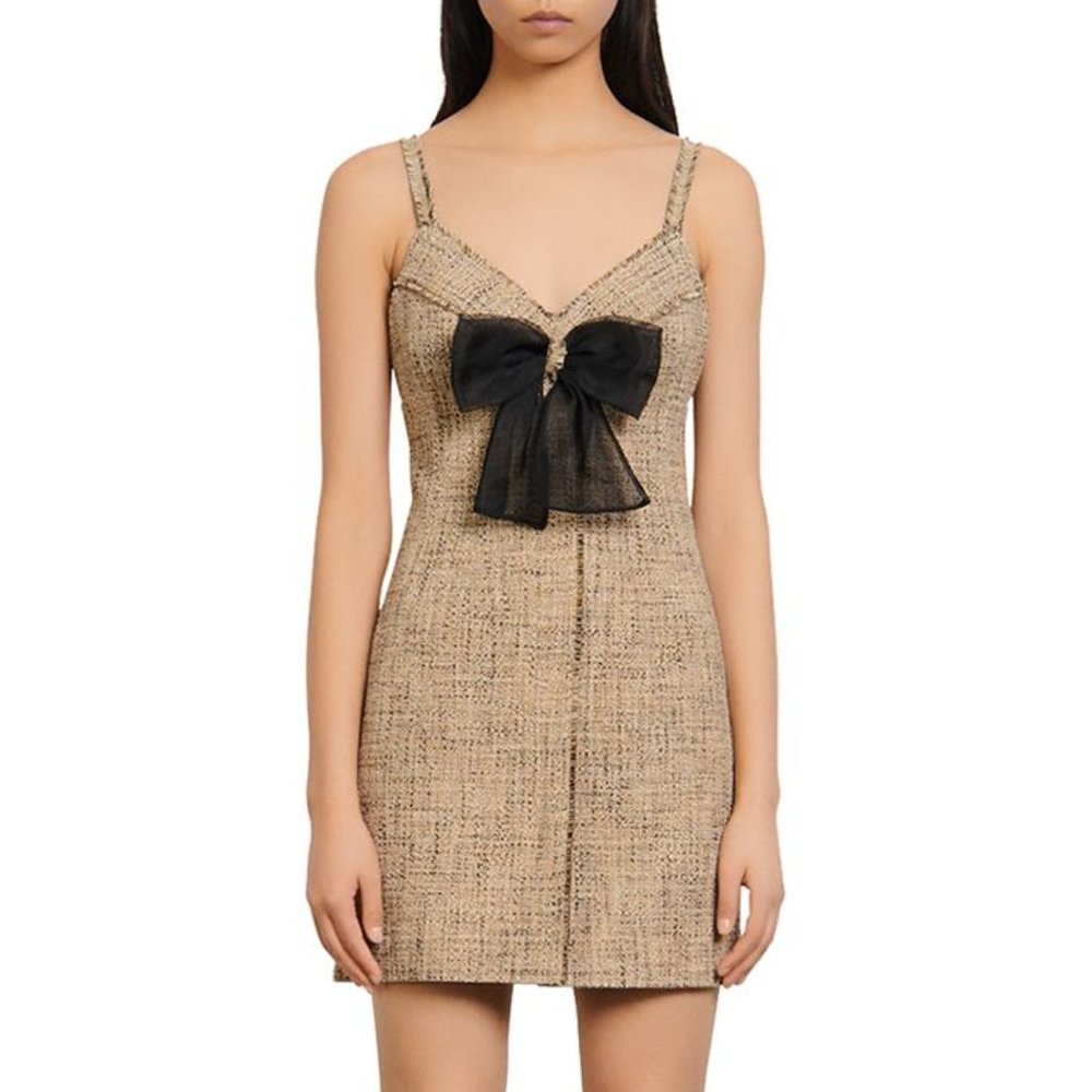Sandro Soane tweed sleeveless mini dress with bow